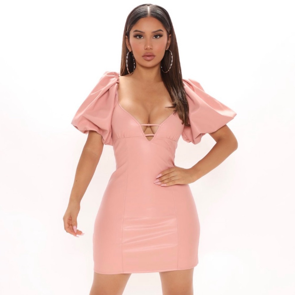 Fashion over blush pink faux leather dress